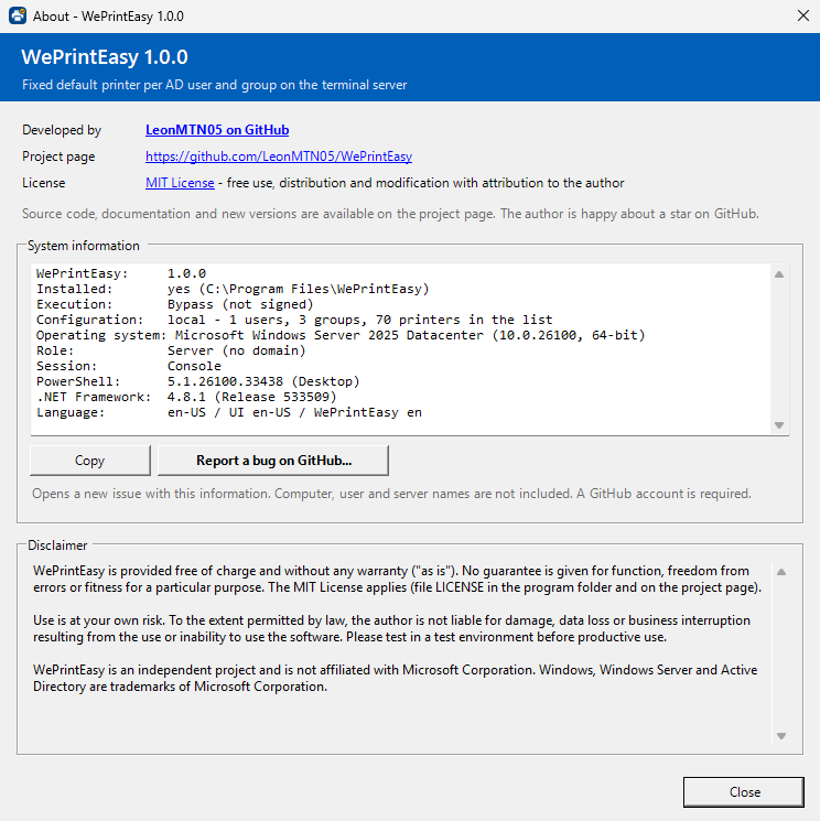 About dialog of WePrintEasy with version, project page, licence, system information and the button “Report a bug on GitHub…”.
