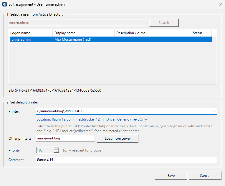 Dialog “Edit assignment”: user selected from Active Directory with SID; printer from the printer list with location, comment and driver.