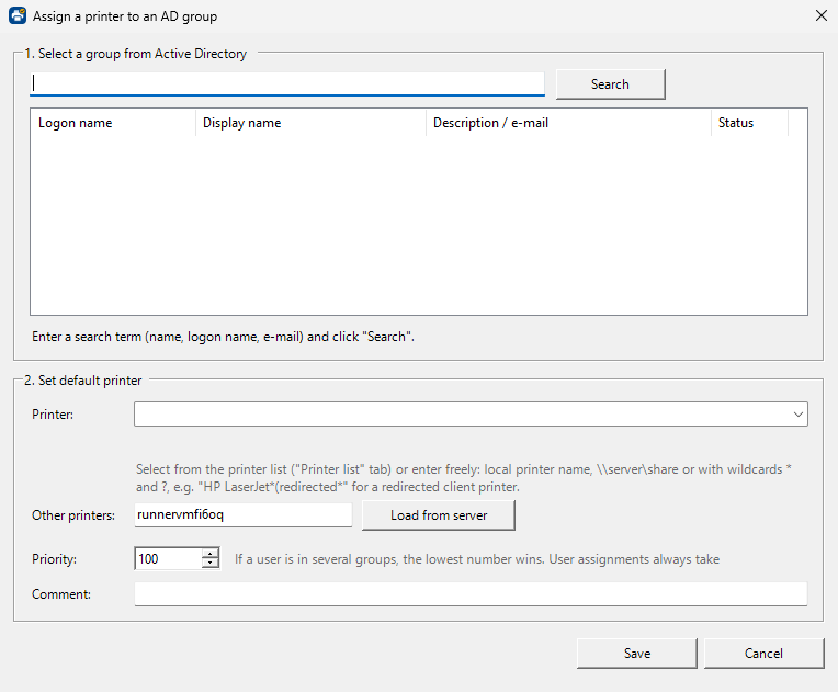 Dialog for assigning a printer to an AD group: search box, results list, printer selection and priority field.
