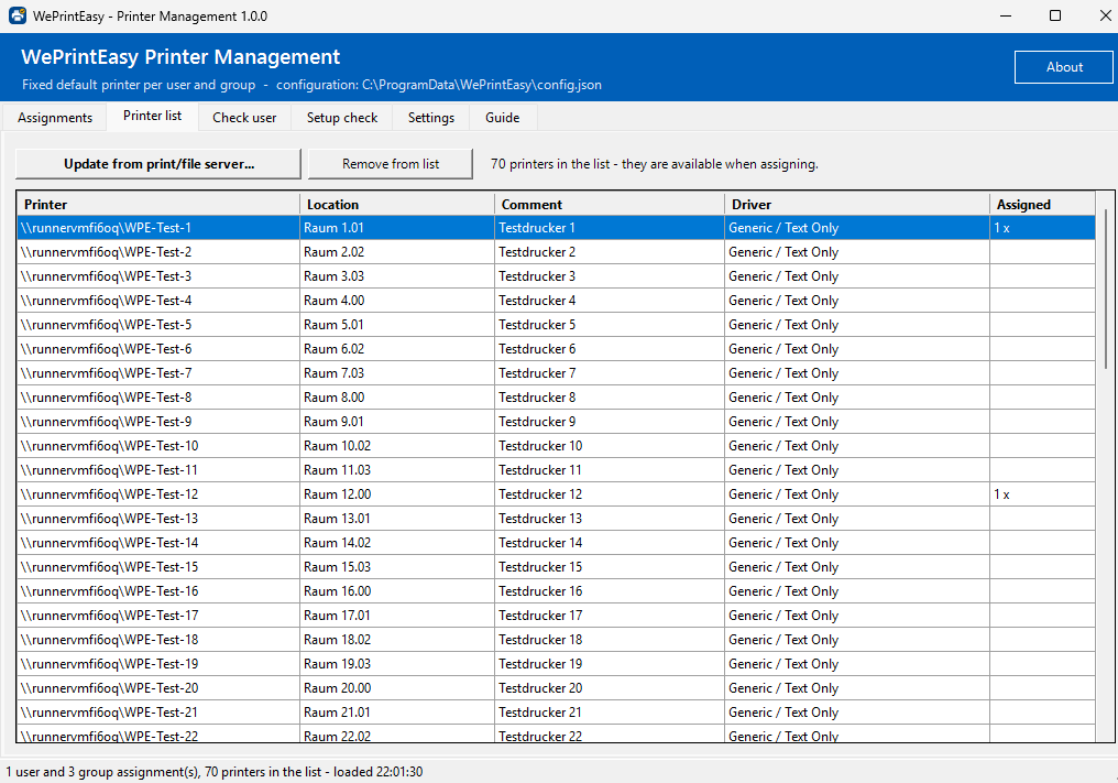 Tab “Printer list”: 70 shared printers with location, comment, driver and the number of assignments.