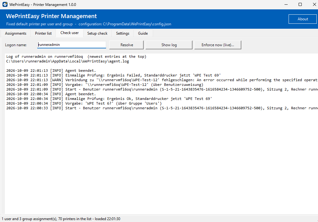 Tab “Check user”: the agent log of a user with entries such as “Default printer set (previously …)” and “Session reconnected – logon phase restarted”.