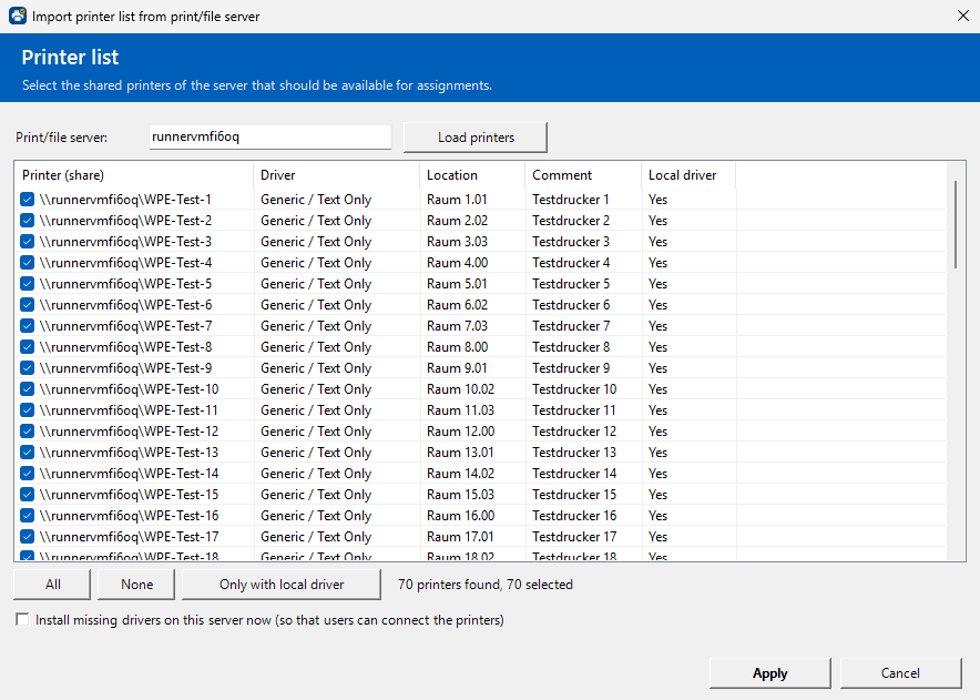 Dialog “Import printer list from print/file server” with checkboxes, driver status and the buttons All, None and Only with local driver.