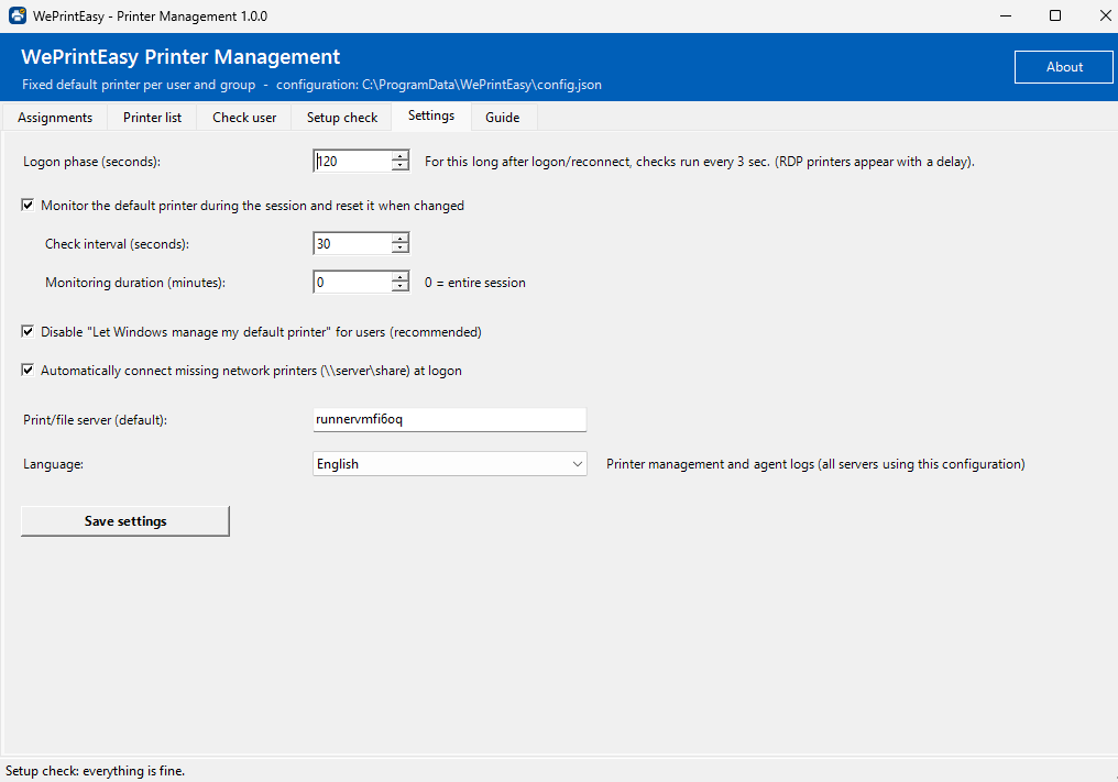 Tab “Settings”: logon phase 120 seconds, monitoring during the session every 30 seconds for the whole session, Windows-managed default printer off, connect network printers, language English.