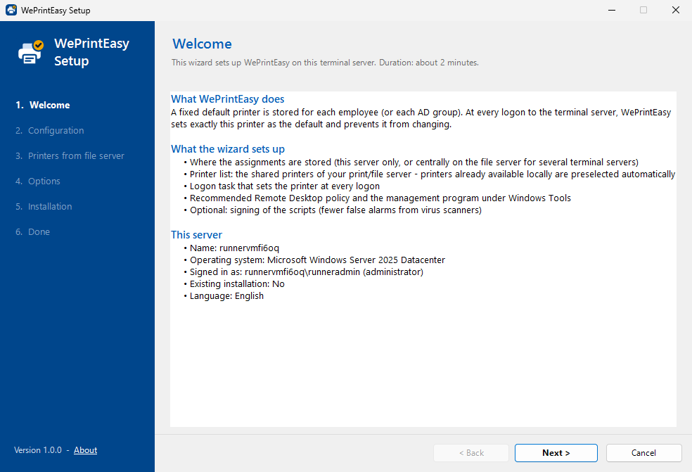 WePrintEasy setup wizard, step “Welcome”: what WePrintEasy does, what the wizard sets up and information about this server.
