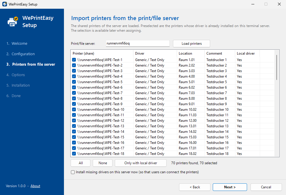 Setup wizard, step “Printers from file server”: 70 shared printers with driver, location and comment, preselected because the driver is installed locally.