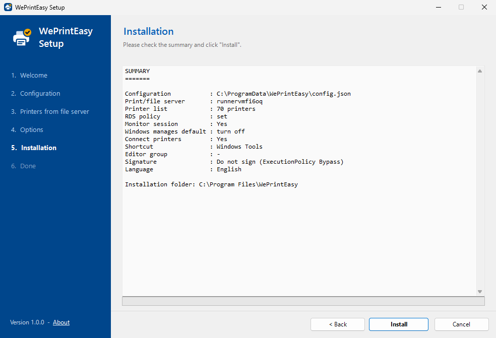 Setup wizard summary before installing: configuration path, print server, 70 printers and the selected options.