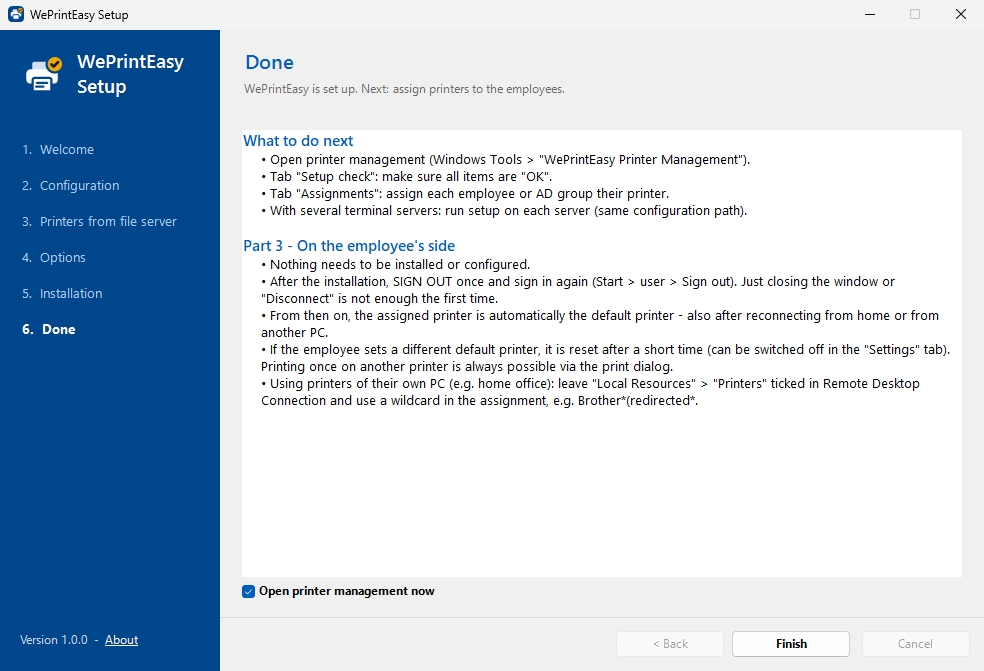 Last page of the setup wizard with the next steps for the administrator and what happens for users.